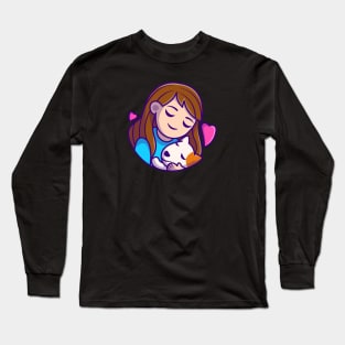 Cute Girl Hug Dog Cartoon Long Sleeve T-Shirt